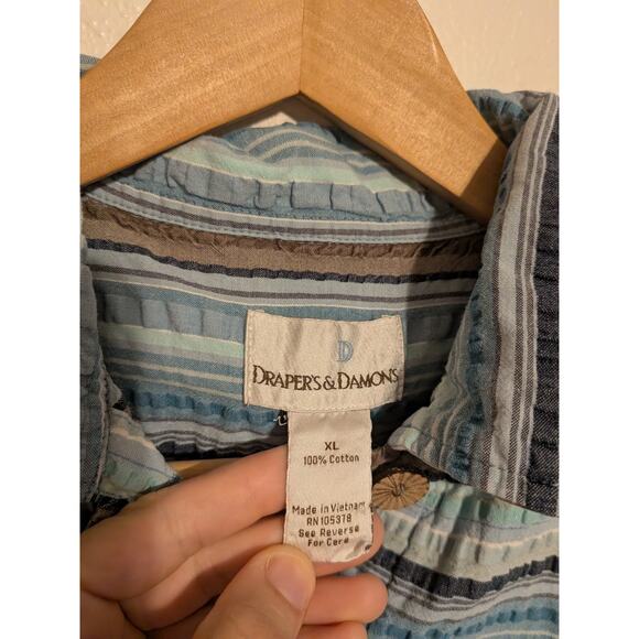 drapers and damons striped cotton button down size XL blue wooden buttons - Picture 3 of 6